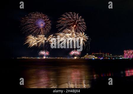 Beautiful fireworks at Tamsui Fisherman`s Wharf, in the north of Taiwan, New Taipei City, Taiwan Stock Photo